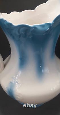 Antique blue and white water pitcher bathing jug Victorian ornate 12 inches tall