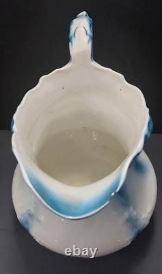 Antique blue and white water pitcher bathing jug Victorian ornate 12 inches tall