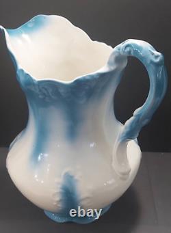 Antique blue and white water pitcher bathing jug Victorian ornate 12 inches tall