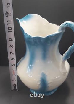 Antique blue and white water pitcher bathing jug Victorian ornate 12 inches tall