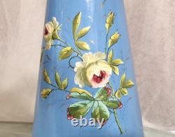 Antique enamel water pitcher French primitive riveted jug Raised flower Tall 15