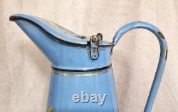Antique enamel water pitcher French primitive riveted jug Raised flower Tall 15