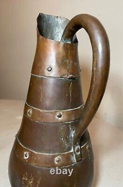 Antique riveted copper handmade 19th century water wine jug pitcher vessel pot