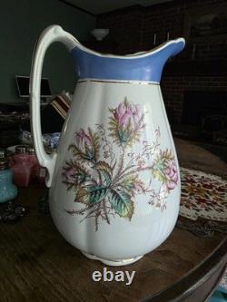 Antique wallace moss rose handled pitcher/wash Water Jug IRONSTONE