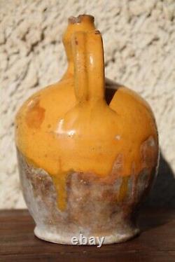 Antique yellow glazed French Terracotta Water Cruche Jug Pitcher 19 Th C