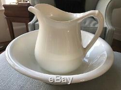 Antique1900s Homer Laughlin Large Bone White Water Pitcher Jug & Basin Bowl 113N