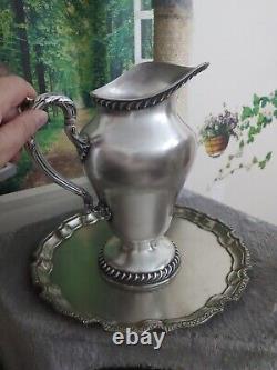 Antiques Set (2) Silver Water Pitcher Jug Spain & Tray