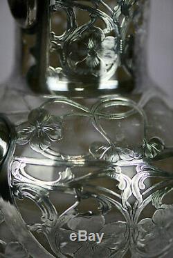 Art Nouveau Silver Overlay Water Pitcher 6 1/2 Tall Black Starr & Frost AS1582