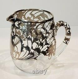 Art Nouveau Sterling Silver Overlay Floral Glass Water Pitcher Jug Decanter