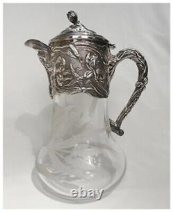 Art Nouveau Style Repousse Iris Silverplate Etched Glass Water Pitcher Jug