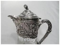 Art Nouveau Style Repousse Iris Silverplate Etched Glass Water Pitcher Jug