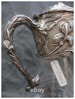 Art Nouveau Style Repousse Iris Silverplate Etched Glass Water Pitcher Jug