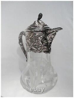 Art Nouveau Style Repousse Iris Silverplate Etched Glass Water Pitcher Jug