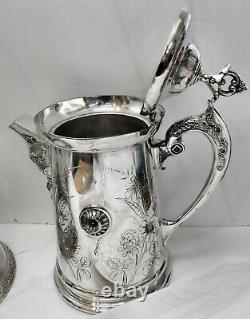 BEAUTIFUL! Atq Slv Plated ORNATE TILT WATER PITCHER withCUP HOLDER STAND DRIP PAN