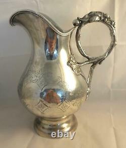 Baldwin 1840s American Coin Silver Water Pitcher with Chased Design & Grape Handle