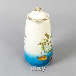 Bavarian Johann Haviland Tall Pitcher with Lid Hand Painted Porcelain Water Lilies