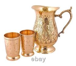 Brass Jug Pitcher Drinking Water Design Embossed Home Décor Gift 1500 ML 2 Glass