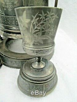 C. 1880 Antique VICTORIAN Aesthetic PAIRPOINT Silverplate Tilt Water Pitcher Cups