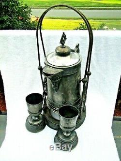 C. 1880 Antique VICTORIAN Aesthetic PAIRPOINT Silverplate Tilt Water Pitcher Cups