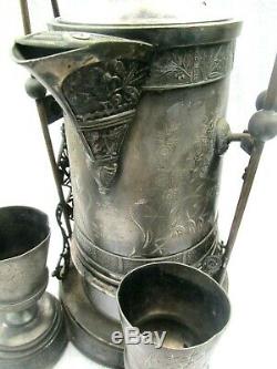 C. 1880 Antique VICTORIAN Aesthetic PAIRPOINT Silverplate Tilt Water Pitcher Cups