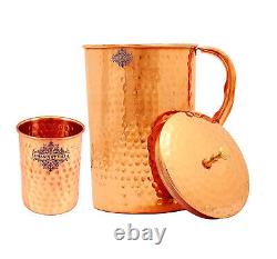 Copper Hammered Set of 1 Jug Pitcher 2100 ML with 1 Glass 250 ML Drinking water