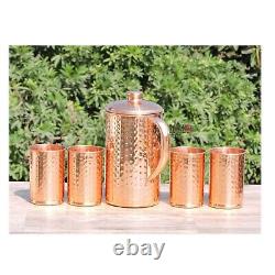 Copper Handmade Jug with Glasses Set, Set of 4, Drinking Water Pitcher Set For Gi