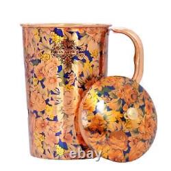 Copper Jug Pitcher Printed Flower Design, Storage Water, 1500 ML, Yellow & Blue