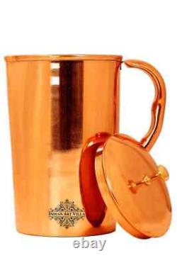 Copper Jug Pitcher with Brass Knob on Lid, Storage Water, 1000 ML, Yellow & Blue