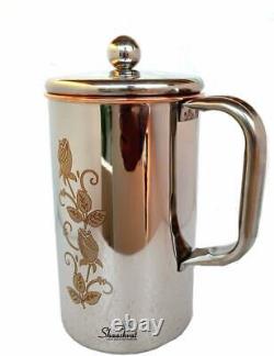Copper Jug Water Pitcher Flower Print Outside Stainless Steel Capacity 1.5 LTR