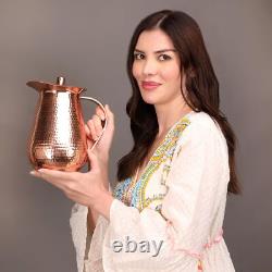 Copper Pitcher Water Mugs Handmade Hammered Large Jug with Lid 100% Pure Copp
