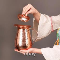 Copper Pitcher Water Mugs Handmade Hammered Large Jug with Lid 100% Pure Copp