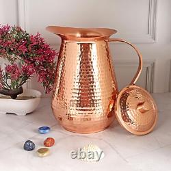 Copper Pitcher Water Mugs Handmade Hammered Large Jug with Lid 100% Pure Copp