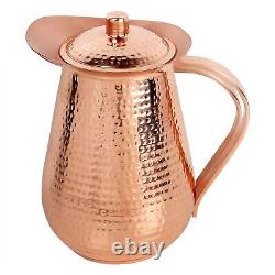 Copper Pitcher Water Mugs Handmade Hammered Large Jug with Lid 100% Pure Copp