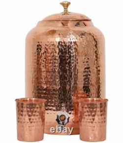 Copper Water Dispenser Matka 12 Litre Hammered Pitchers Pot with 2 Tumbler Glass