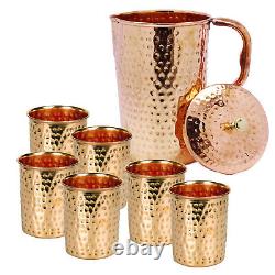 Copper Water Jug 1.5 L Hammered Energized Pitcher Ayurvedic+6 Tumbler