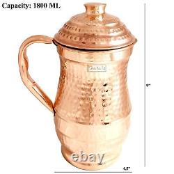 Copper Water Jug Pitcher Hammered Design, Drinkware Set, 1800 ML