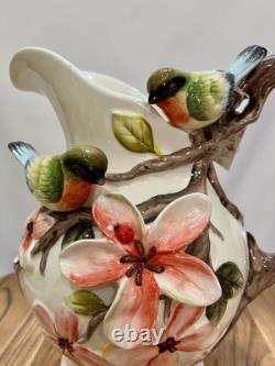 Corner Ruby Botanical Collection Large Vase Water Pitcher 3D Flowers Birds NWT