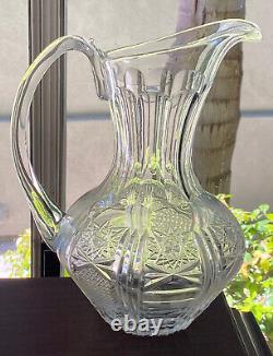 Cut Glass Water Juice Wine Beverage Pitcher Jug Multi-Patterned Stars Hobnail