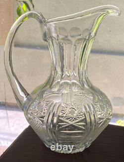 Cut Glass Water Juice Wine Beverage Pitcher Jug Multi-Patterned Stars Hobnail