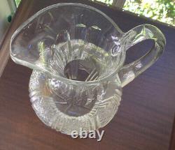 Cut Glass Water Juice Wine Beverage Pitcher Jug Multi-Patterned Stars Hobnail