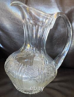 Cut Glass Water Juice Wine Beverage Pitcher Jug Multi-Patterned Stars Hobnail