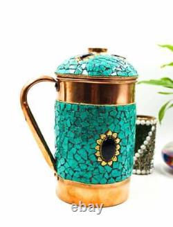 Decorative Copper Water Jug Pitcher 1500ml with Fine Stone Work Green