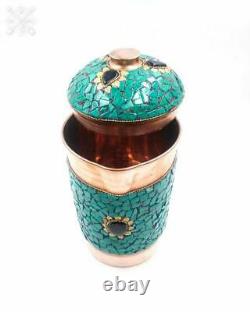 Decorative Copper Water Jug Pitcher 1500ml with Fine Stone Work Green