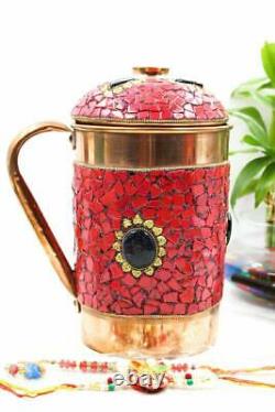 Decorative Copper Water Jug Pitcher 1500ml with Fine Stone Work Red