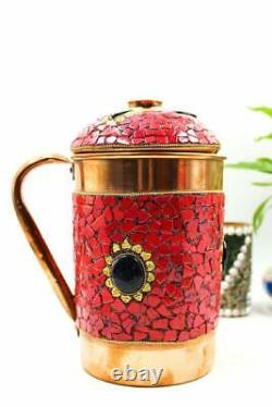 Decorative Copper Water Jug Pitcher 1500ml with Fine Stone Work Red