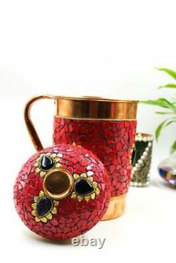 Decorative Copper Water Jug Pitcher 1500ml with Fine Stone Work Red