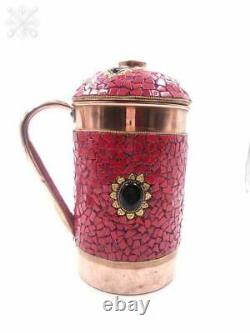 Decorative Copper Water Jug Pitcher 1500ml with Fine Stone Work Red