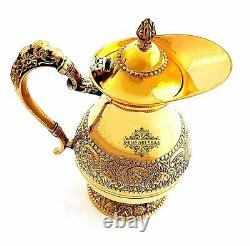 Designer Rare Brass Embossed Jug Pitcher with Lid for Serving Water Gold 1000 ML