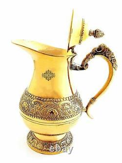 Designer Rare Brass Embossed Jug Pitcher with Lid for Serving Water Gold 1000 ML