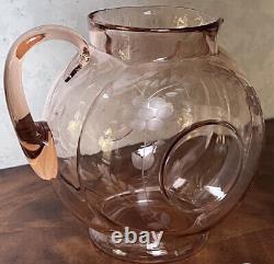 Dunbar Flint Glass Co. # 1151 Pink Depression Engraved Flower Water Pitcher Jug